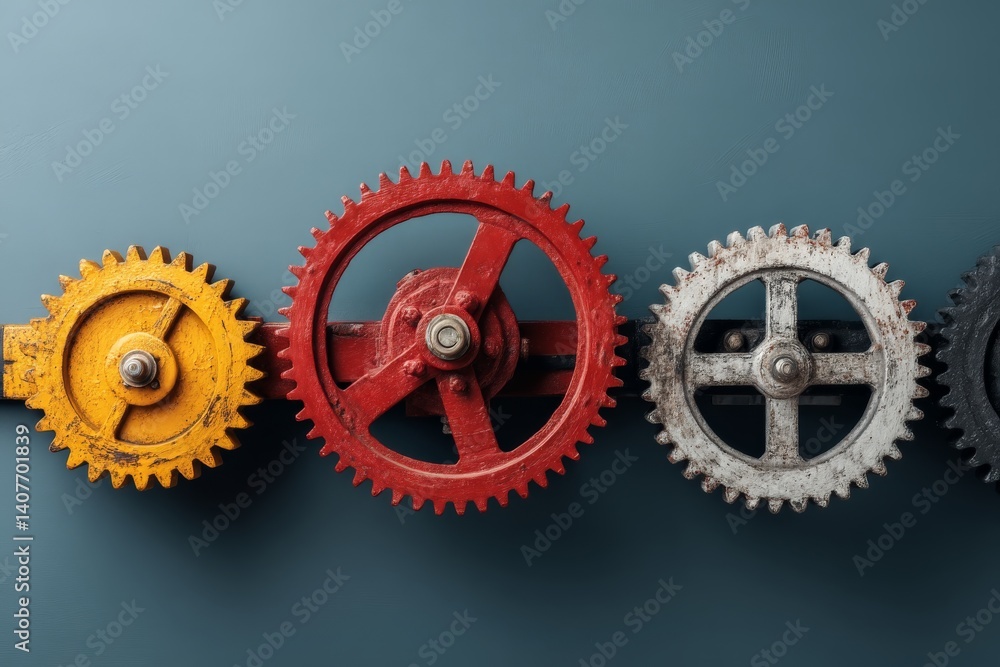 Aufkleber colorful gears arranged in a line demonstrating mechanical engineering and design concepts in a stud