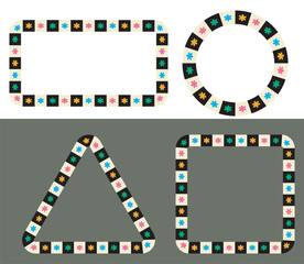 Checkered frame, flower symbol set. Square boarder, circle, triangle, rectangle geometric shape background. Black, white, multi coloured, modern graphic, vintage style design. Vector illustration