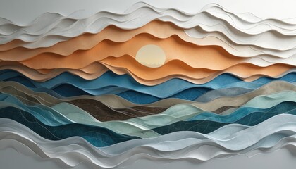 Artistic waves and sunset action coastal scene paper sculpture tranquil environment close-up view serene concept for relaxing decor