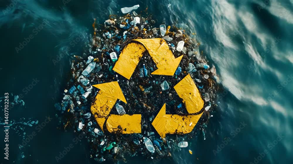 Poster A yellow triangle with arrows on it is floating in the ocean. Concept of recycling and the importance of taking care of the environment