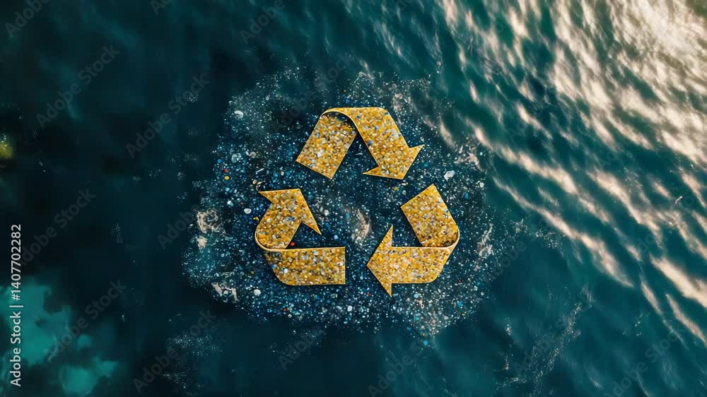 Poster a recycling symbol is floating in the ocean. the image conveys the importance of recycling and takin