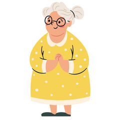 Flat vector illustration in a simple children's style. Cute grandmother with glasses on white background . Vector illustration