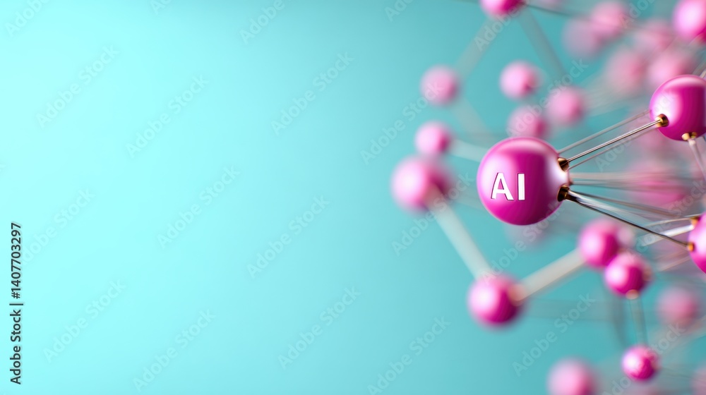 Poster a vibrant representation of ai concepts with pink nodes connected by lines, set against a turquoise 