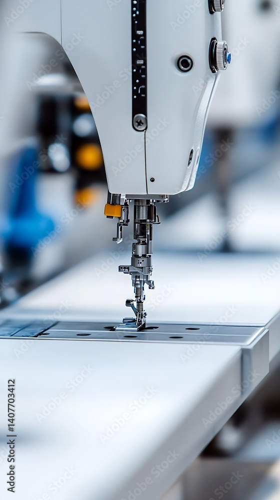Poster detailed view of industrial sewing machine demonstrating advanced stitching technology in production