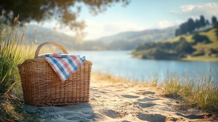 Wicker picnic basket resting on sandy path beside tranquil blue lake