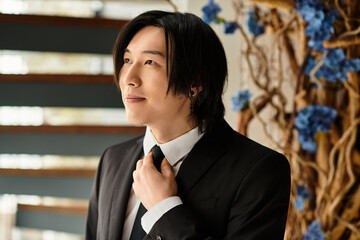 Captivating groom preparing for a beautiful wedding ceremony surrounded by elegant decor