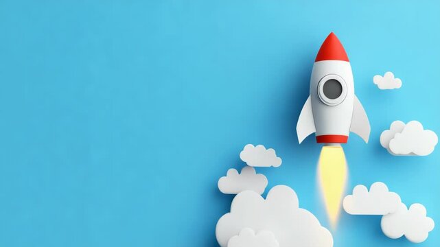 A white rocket is flying through the sky with a blue background. The rocket is the main focus of the image, and it is soaring through the clouds
