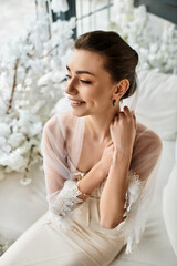 Fototapeta premium Radiant bride in elegant setting celebrating love on her special day with floral backdrop