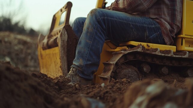 Heavy equipment operator using a bulldozer to level land for a building project. Featuring control and expertise