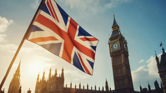 A British flag is flying in front of the Big Ben clock tower. The flag is blue, white, and red, and it is held up by a pole. The clock tower is a famous landmark in London
