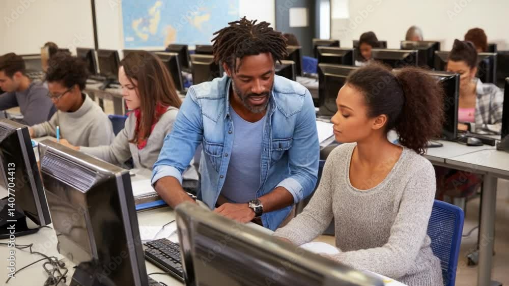 Poster teacher instructs student on computer use in adult education class generative ai