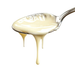 Sour cream in a spoon on a  Creamy white substance spills from a silver spoon onto a light gray  white background 

