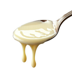 Sour cream in a spoon on a  Creamy white substance spills from a silver spoon onto a light gray  white background 

