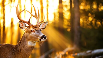 Majestic buck deer at sunrise in forest