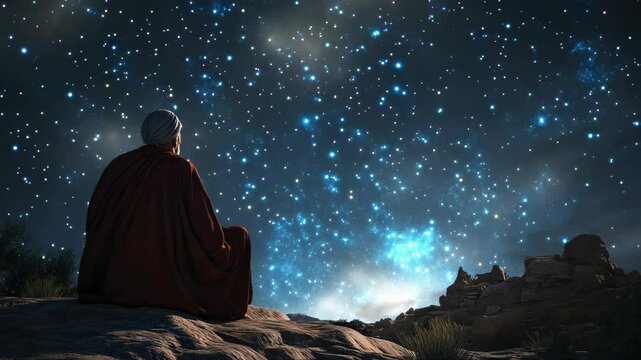 Abraham looking at the sky full of stars, Gods promise of descendants as numerous as the stars, clear night sky, serene and reflective atmosphere