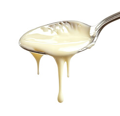 Sour cream in a spoon on a  Creamy white substance spills from a silver spoon onto a light gray  white background 

