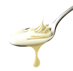 Sour cream in a spoon on a  Creamy white substance spills from a silver spoon onto a light gray  white background 

