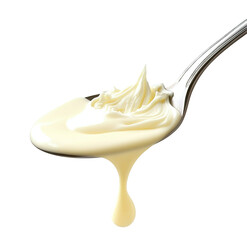 Sour cream in a spoon on a  Creamy white substance spills from a silver spoon onto a light gray  white background 


