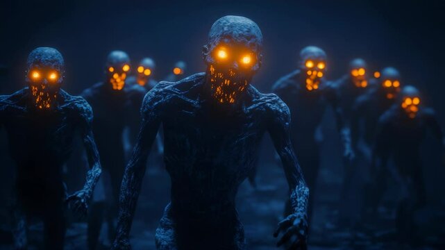A group of undead zombies are walking in a dark, gloomy forest. The zombies are all lit up with orange eyes, giving the scene a creepy and unsettling atmosphere