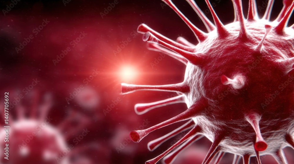 Poster a close-up view of a virus depicted in red tones, highlighting its structure and features, suggestin