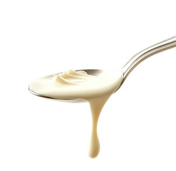 Sour cream in a spoon on a  Creamy white substance spills from a silver spoon onto a light gray  white background 

