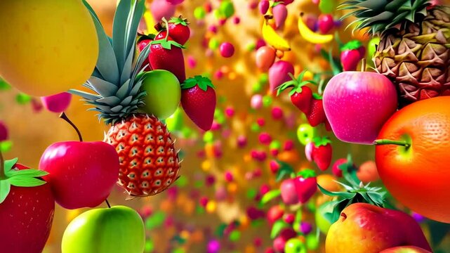 Vibrant fruits floating in dynamic colorful motion against a gradient background