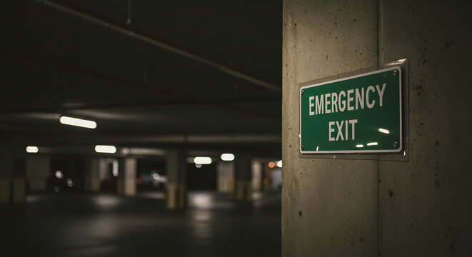 Green Emergency Exit Sign Posted in an Empty Parking Structure at Night