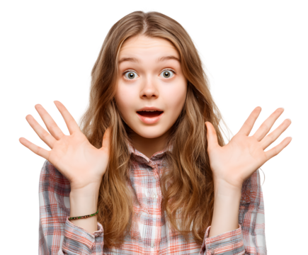 Expressive young girl with a shocked facial expression, raising her hands in surprise, set against a clean, neutral background for emphasis.