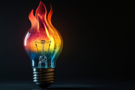 A vibrant, colorful lightbulb ablaze with rainbow fire.  A captivating image symbolizing creative energy and innovative thinking.