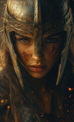 Spartan Female Warrior Engaged in Battle with Sword and Shield in Ancient Armor Photorealistic