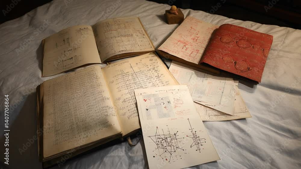 Poster textbooks and sheets scattered on a bed in a study area generative ai