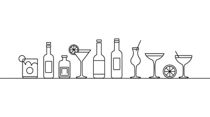 simple continuous one line drawing illustration of alcohol coctails set in a linear style. Transparent background PNG image
