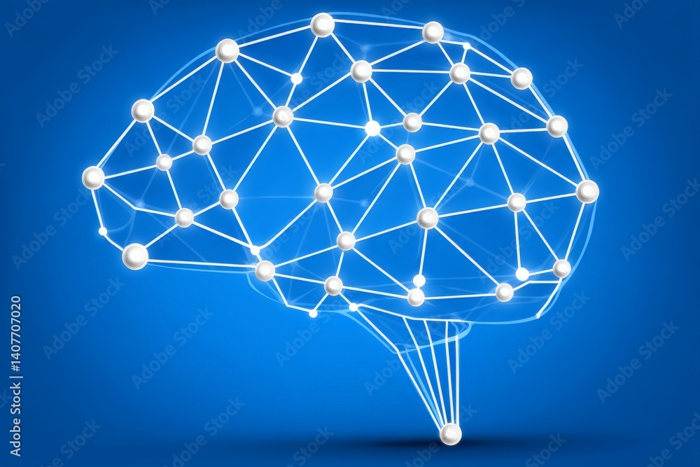 Poster neural network representation illustrating connections within a human brain against a blue backgroun