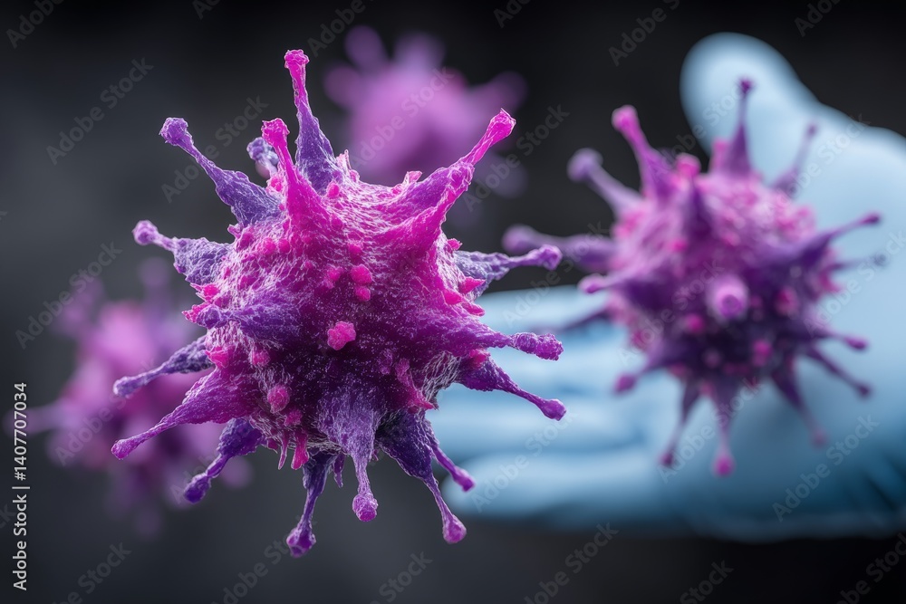 Poster captivating close-up of a colorful virus with gloved hand in the background during a scientific inve