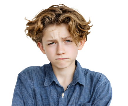 A teenage boy with blonde curly hair shows a frustrated expression. He wears a button-down shirt and looks upset and concerned.