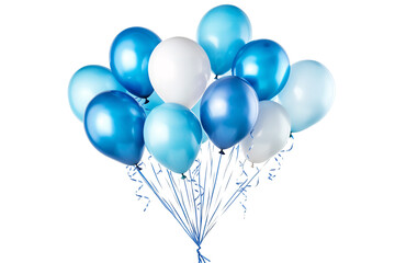 a bunch of blue and white balloons