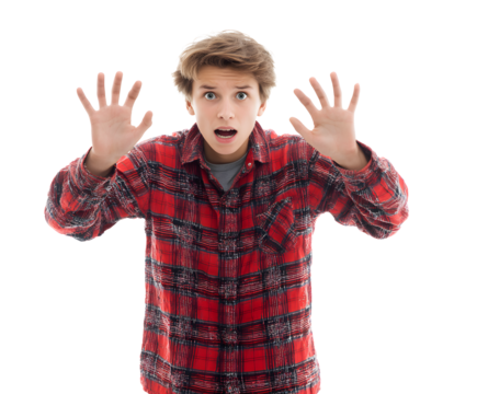A young man reacts with surprise and fear, holding his hands up in a gesture of defense or shock, against a solid black backdrop. - Powered by Adobe