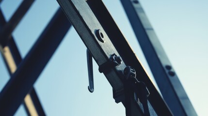 Scaffolding worker securing platform braces at height. Featuring precision and safety