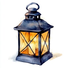 Watercolor Painting of a Vintage Metal Lantern with a Lit Candle