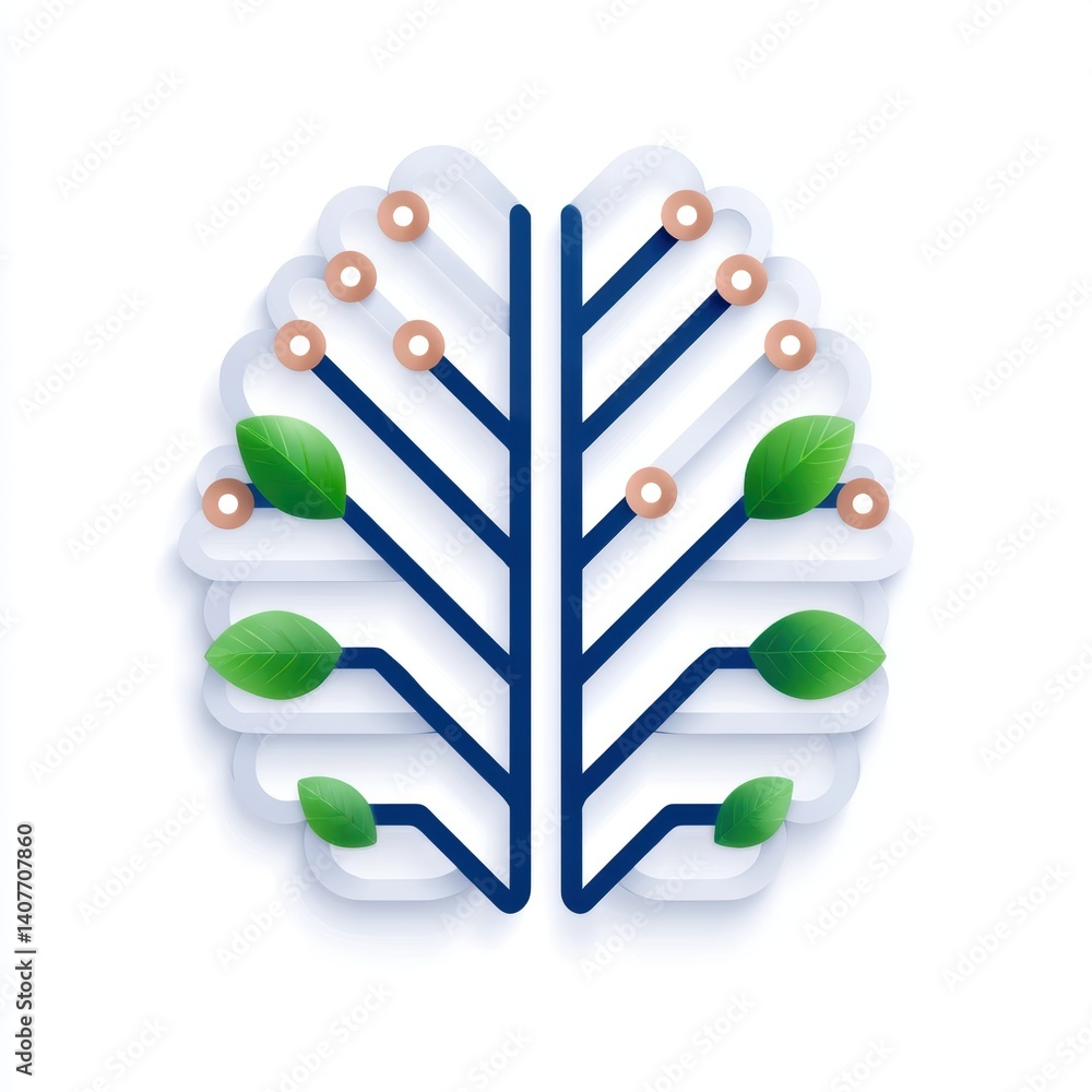 Poster a stylized illustration combining elements of a brain and tree, showcasing leaves and circular nodes