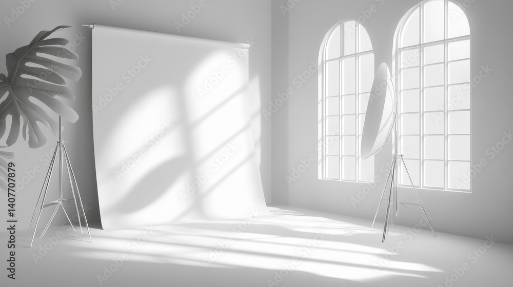 Poster monochromatic 3d studio setup with soft lighting and window shadows--ideal for cosmetic product pres