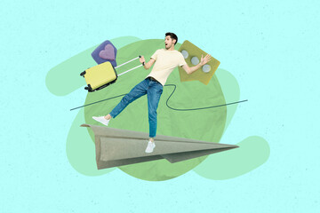 Creative full art collage of happy blogger man stand paper plane influencer bubble communication chat social media feedback heart