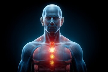 Human anatomy digital model showcasing energy centers in a meditative pose during a visualization exercise