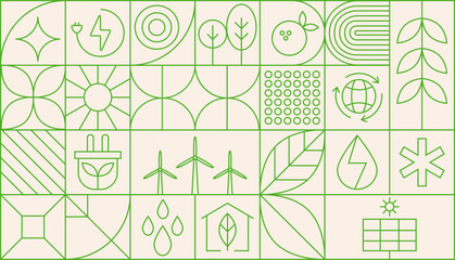 Environment nature abstract modern geometric pattern. Vector green eco-friendly grid ornament with environmental sustainability icons. Plants, trees, water droplets, recycling symbols, leaves, globe.