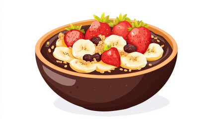 Nutritious acai bowl topped with banana slices, strawberries, and granola presented on white