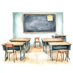 Watercolor Painting of Empty Classroom with Wooden Desks and Chairs