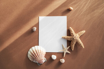 Top view of empty paper blank card with collection of seashells and starfish for aesthetic summer...