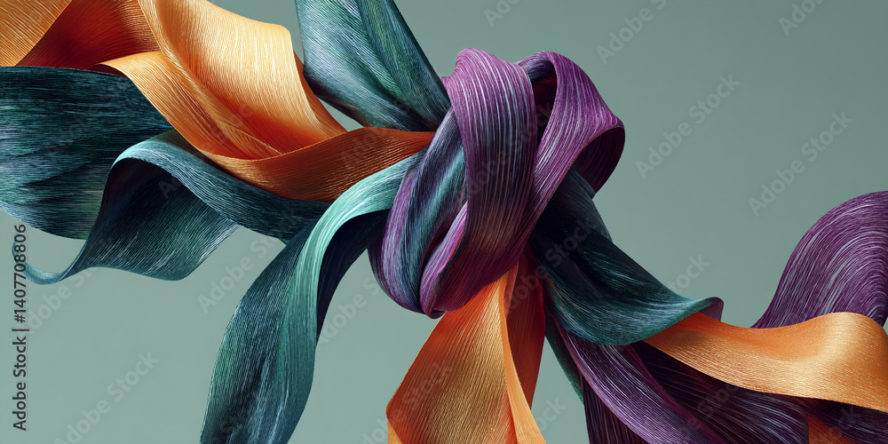 Aufkleber abstract image of intertwined teal, purple, and orange fabric ribbons, creating a dynamic and flowin