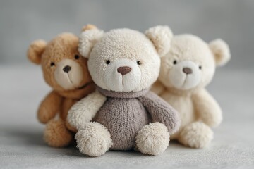 Soft teddy bears in pastel colors arranged in a close-knit group on a light surface during a calm indoor setting