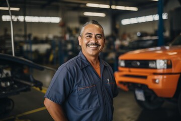 Smiling portrait of a middle aged Mexican car mechanic working in a car mechanic shop in the USA